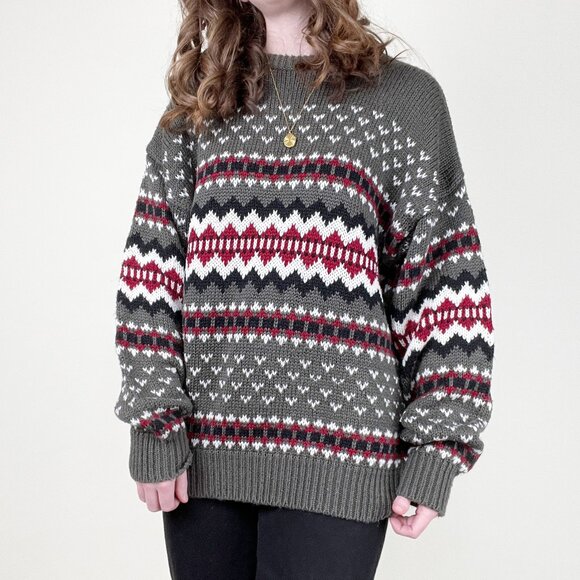 Vintage Fair Isle Scandinavian Knit Sweater Nordic Grandpa Slouchy Oversized 80s - Picture 2 of 7